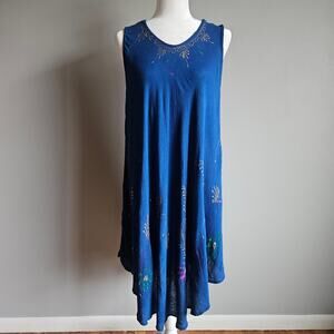 Shoreline Dress One Size Plus Blue Gold Handpainted Art to Wear Flowy Sleeveless